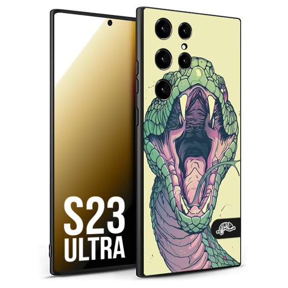 CUSTOMIZZA - Custodia cover nera morbida in tpu compatibile per Samsung S23 ULTRA snake yellow green serpente tatuaggio tattoo disegnato a mano
