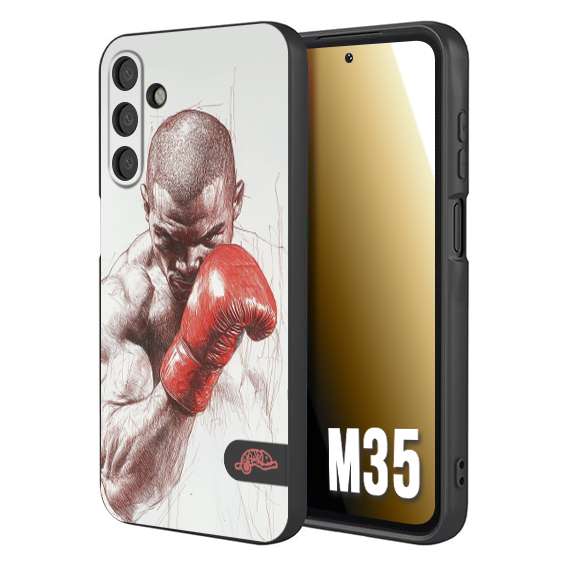 CUSTOMIZZA - Custodia cover nera morbida in tpu compatibile per Samsung M35 pugilato pugili disegno tattoo guantoni box sport primo piano