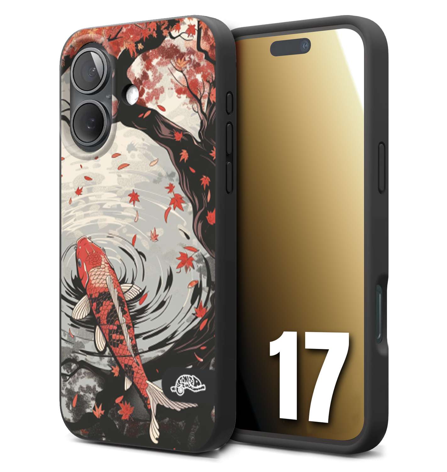 CUSTOMIZZA - Custodia cover nera morbida in tpu compatibile per iPhone 17 giapponese lago carpa koi rossa con foglie d'acero rosso disegnata tattoo