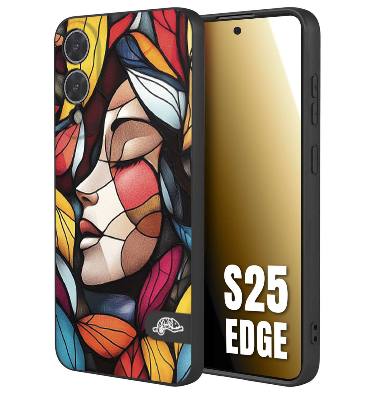 CUSTOMIZZA - Custodia cover nera morbida in tpu compatibile per Samsung S25 EDGE Vetrata artistica volto di donna profilo fogliare mosaico di vetro colorato