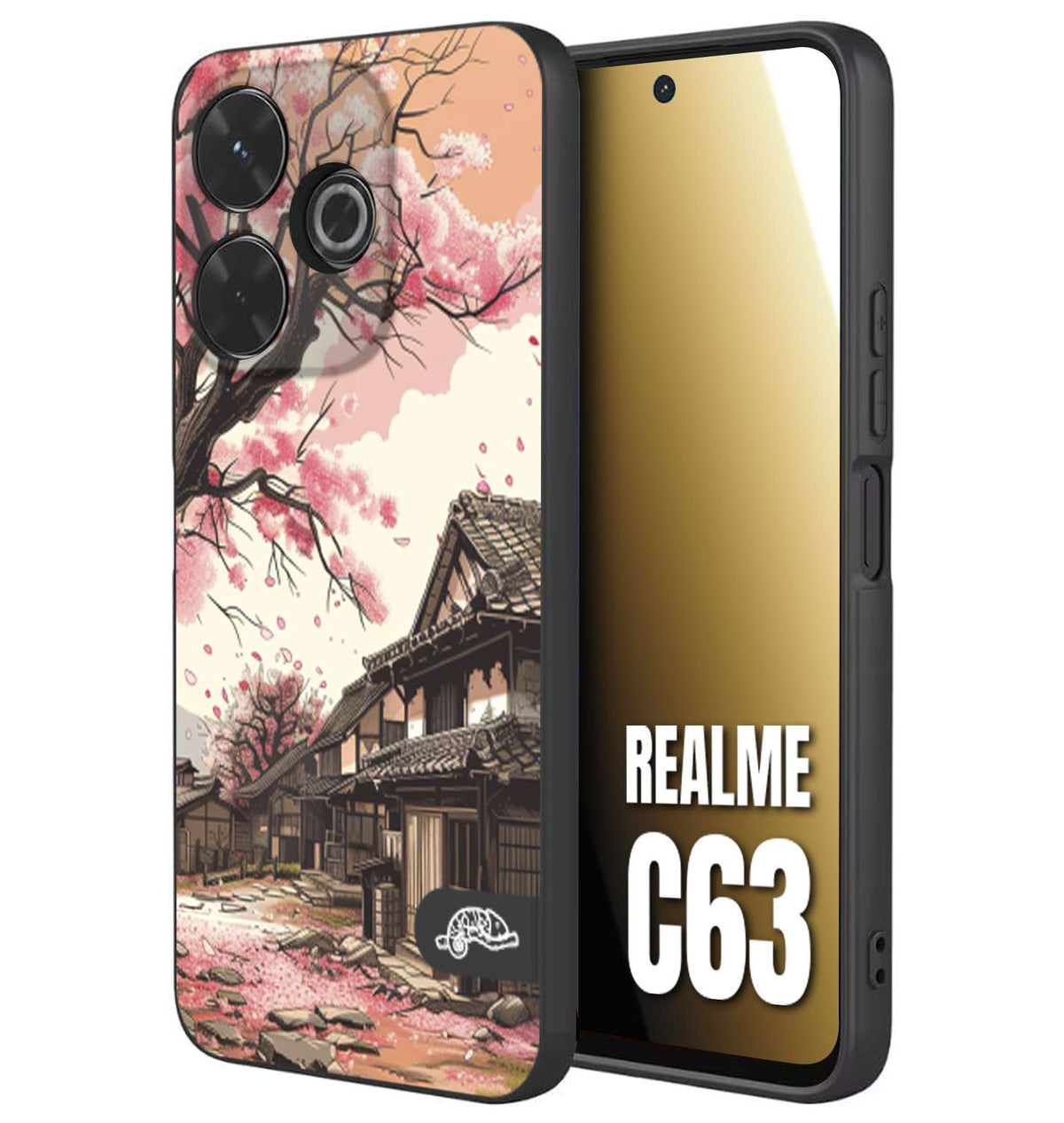CUSTOMIZZA - Custodia cover nera morbida in tpu compatibile per Realme C63 casa giapponese rosa ciliegio in fiore disegnata tattoo