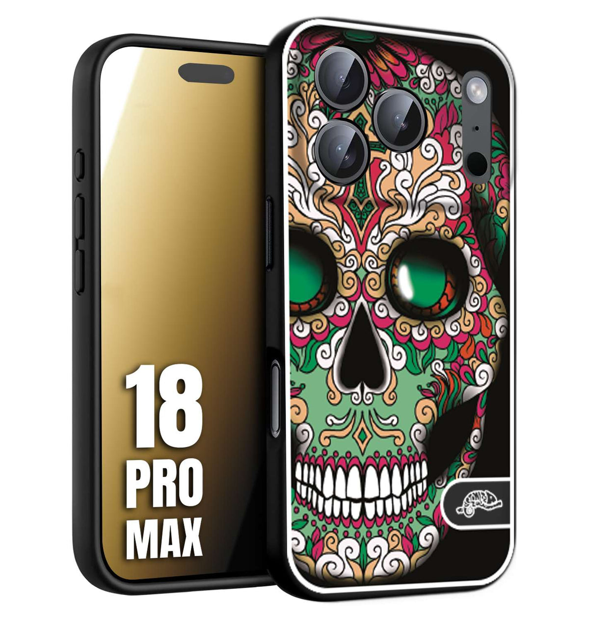 CUSTOMIZZA - Custodia cover nera morbida in tpu compatibile per iPhone 18 PRO MAX teschio messicano Mexican skull verde fucsia