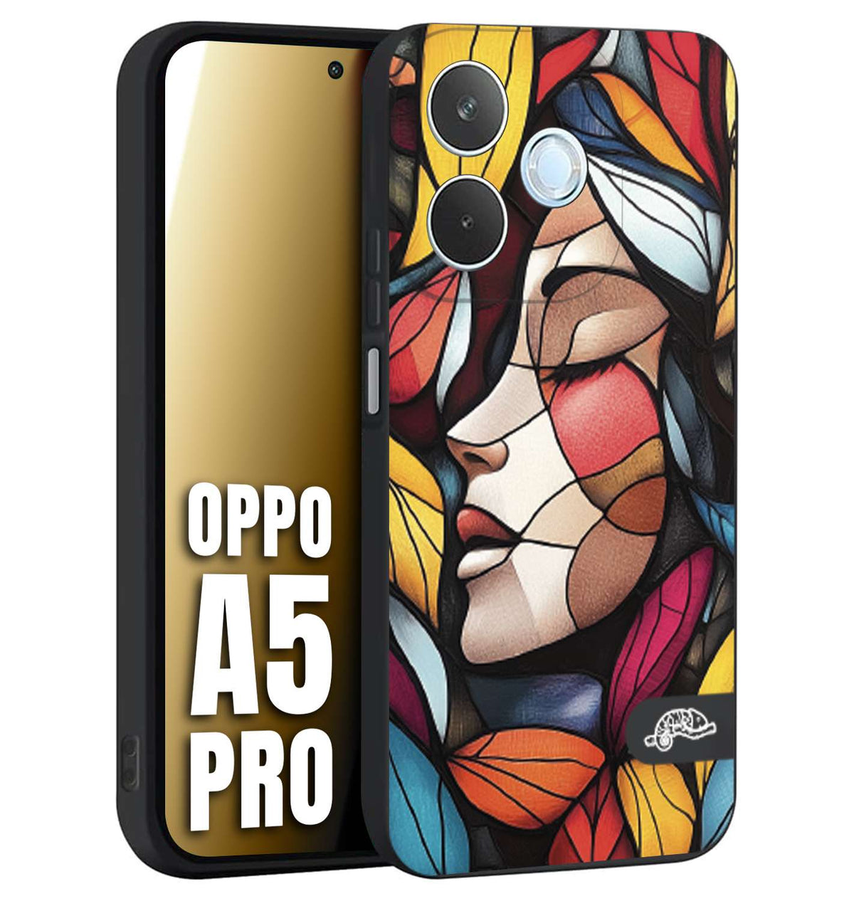 CUSTOMIZZA - Custodia cover nera morbida in tpu compatibile per Oppo A5 PRO Vetrata artistica volto di donna profilo fogliare mosaico di vetro colorato