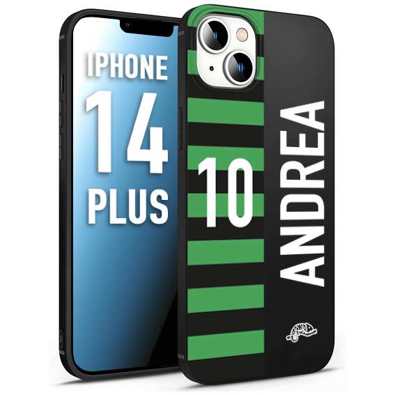 CUSTOMIZZA - Custodia cover nera morbida in tpu compatibile per iPhone 14 PLUS personalizzata calcio football nome e numero calciatori neroverde