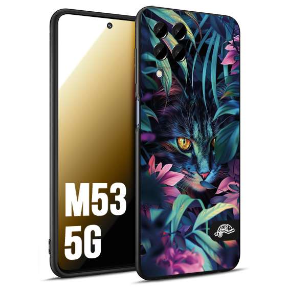CUSTOMIZZA - Custodia cover nera morbida in tpu compatibile per Samsung M53 5G animali color giungla tropicale occhio di gatto colori vibranti disegnato
