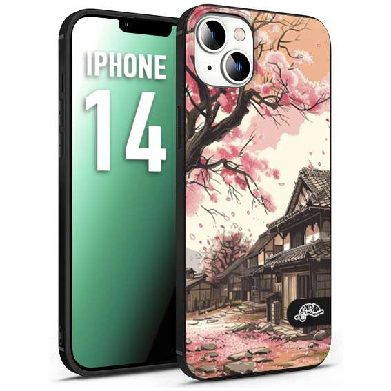 CUSTOMIZZA - Custodia cover nera morbida in tpu compatibile per iPhone 14 casa giapponese rosa ciliegio in fiore disegnata tattoo