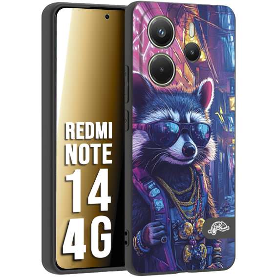CUSTOMIZZA - Custodia cover nera morbida in tpu compatibile per Xiaomi Redmi Note 14 4G animali simpatici cyberpunk procione racoon street cat fucsia blu giallo