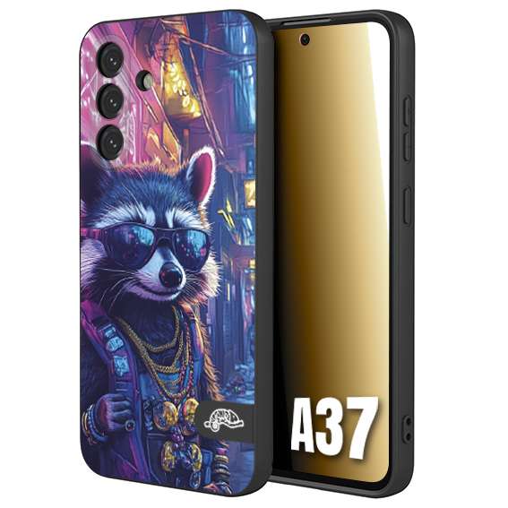 CUSTOMIZZA - Custodia cover nera morbida in tpu compatibile per Samsung A37 animali simpatici cyberpunk procione racoon street cat fucsia blu giallo