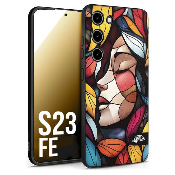 CUSTOMIZZA - Custodia cover nera morbida in tpu compatibile per Samsung S23 FE Vetrata artistica volto di donna profilo fogliare mosaico di vetro colorato