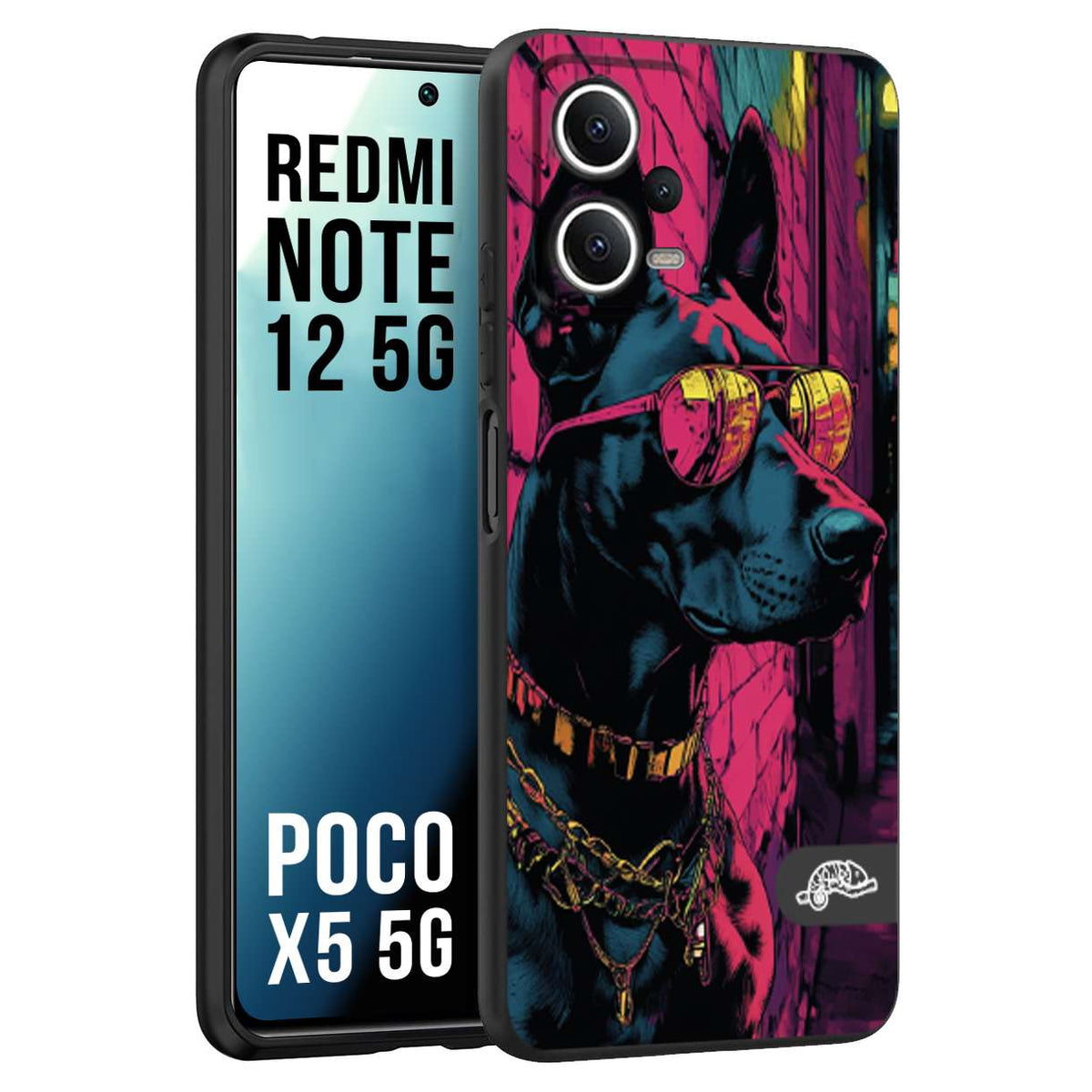 CUSTOMIZZA - Custodia cover nera morbida in tpu compatibile per Xiaomi Redmi Note 12 5G - POCO X5 5G animali cyberpunk dobermann cane street dog fucsia blu