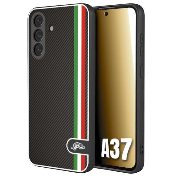 CUSTOMIZZA - Custodia cover nera morbida in tpu compatibile per Samsung A37 effetto fibra di carbonio bandiera Italia made in Italy