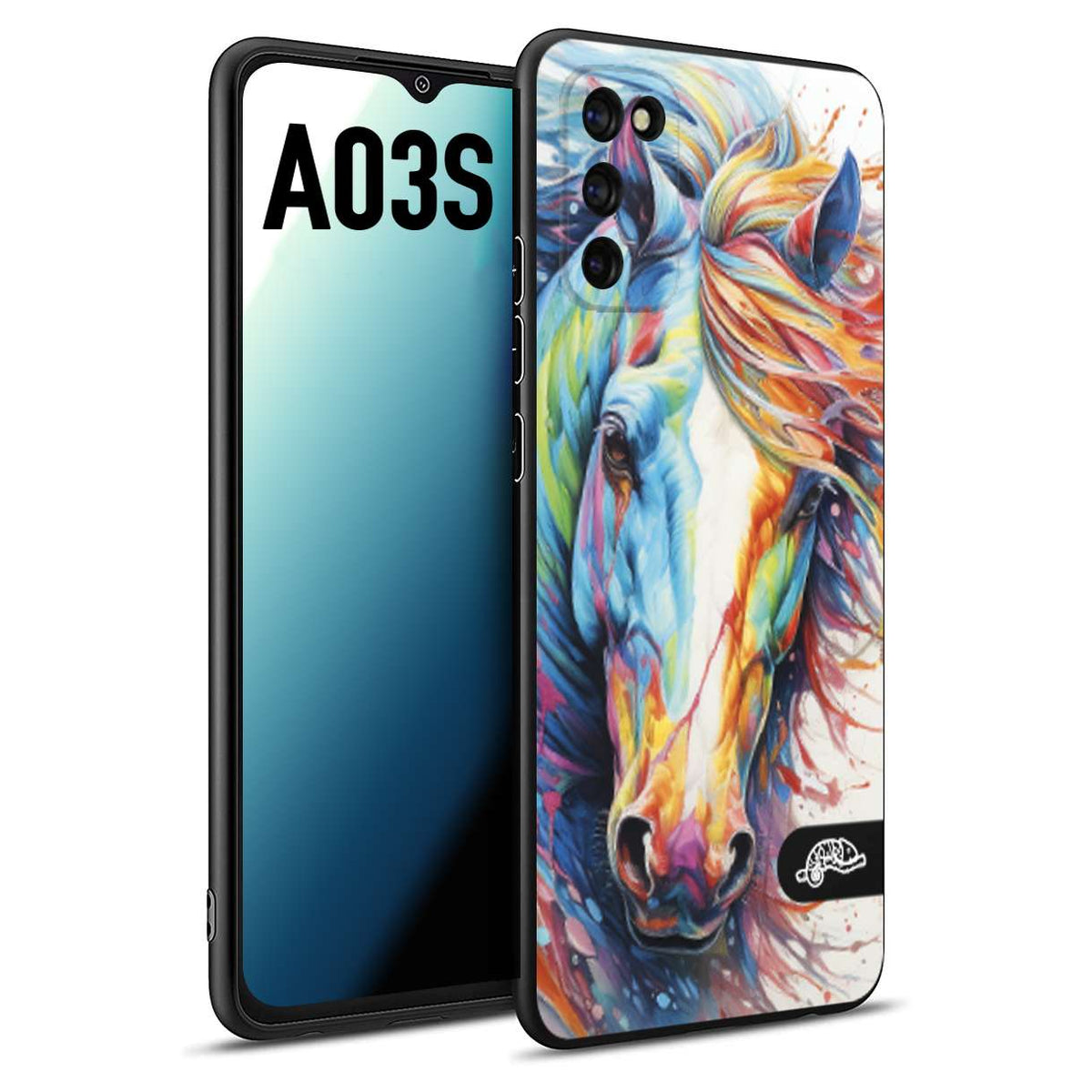 CUSTOMIZZA - Custodia cover nera morbida in tpu compatibile per Samsung A03S animali color cavallo horse viso colori vibranti disegnato schizzo