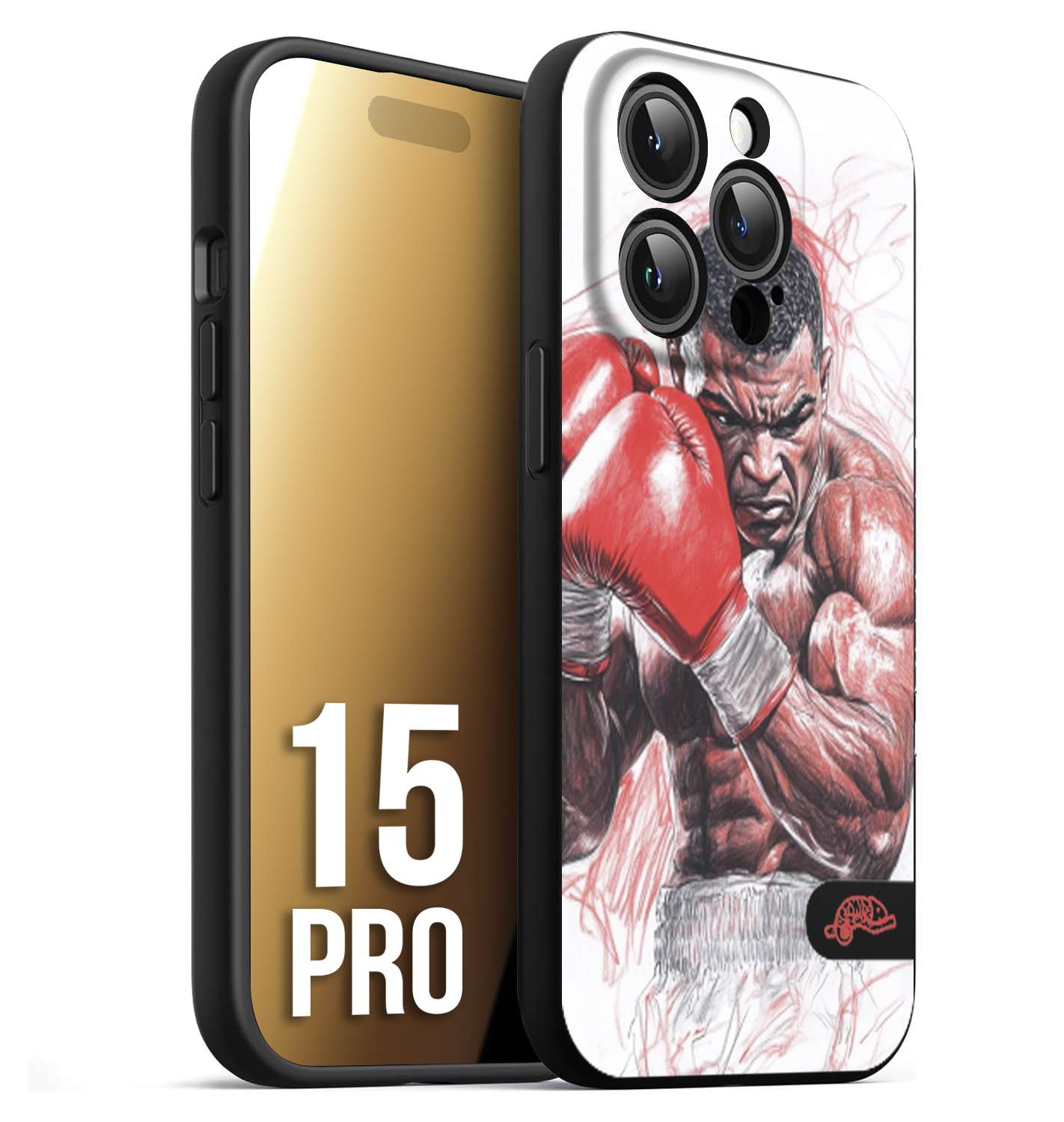 CUSTOMIZZA - Custodia cover nera morbida in tpu compatibile per iPhone 15 PRO pugilato pugili disegno tattoo guantoni boxer pesi massimi iron mike