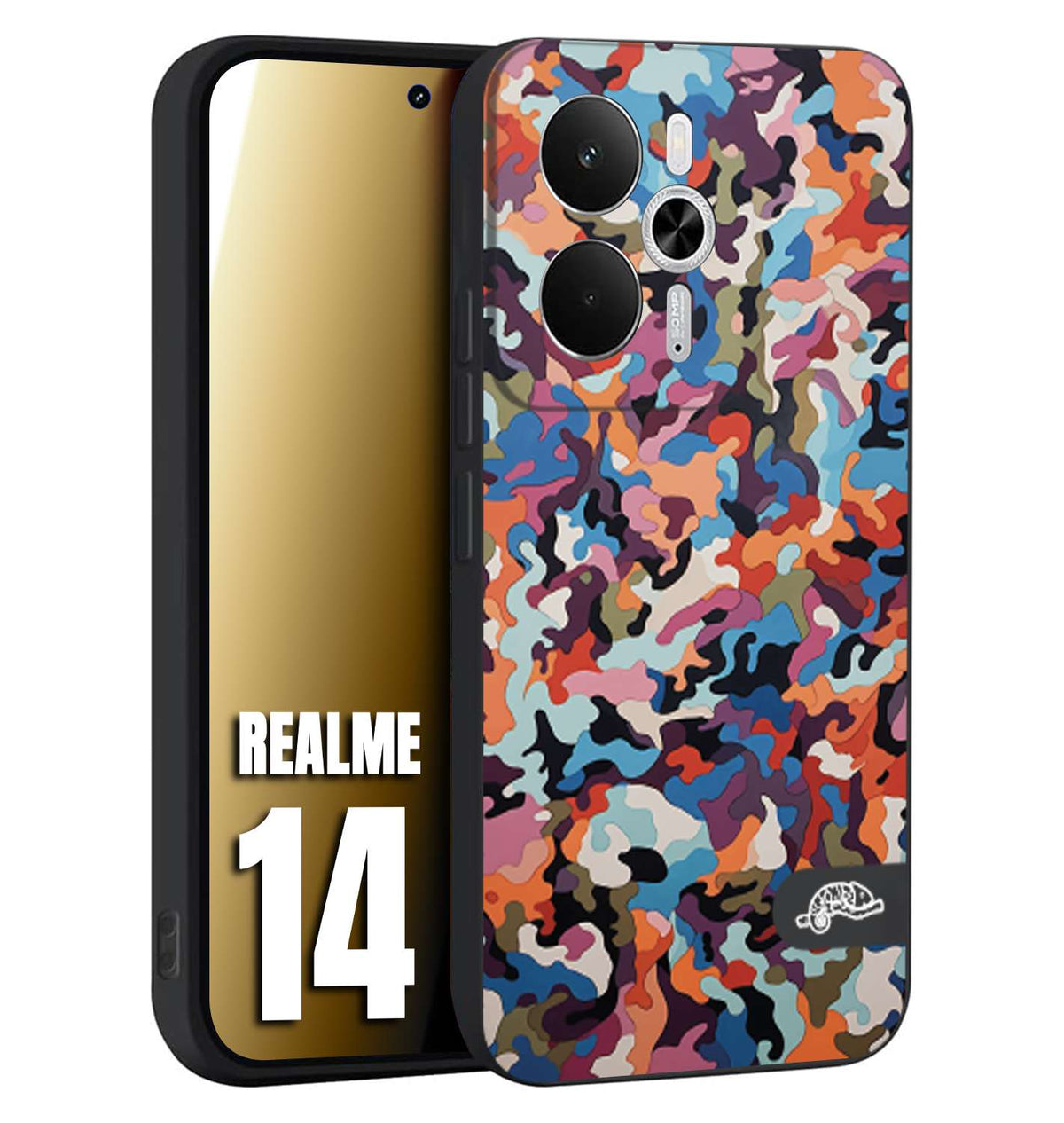 CUSTOMIZZA - Custodia cover nera morbida in tpu compatibile per Realme 14 5G camouflage mimetico militare moderno blu arancio rosa