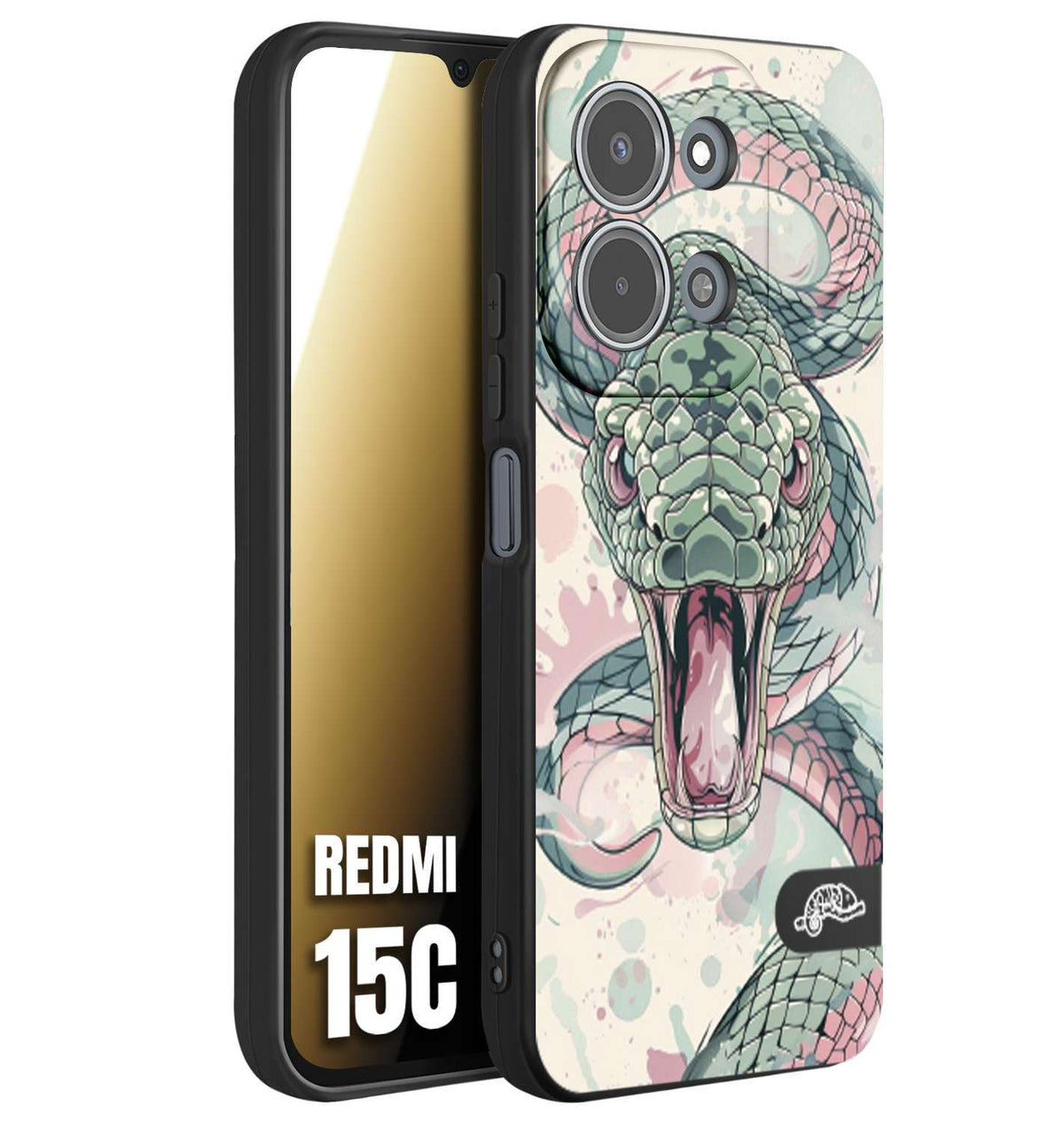 CUSTOMIZZA - Custodia cover nera morbida in tpu compatibile per Xiaomi Redmi 15C snake pink green serpente tatuaggio tattoo disegnato a mano