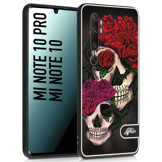 CUSTOMIZZA - Custodia cover nera morbida in tpu compatibile per Xiaomi Mi Note 10 - Mi Note 10 Pro teschi e rose rosse fucsia skull and roses