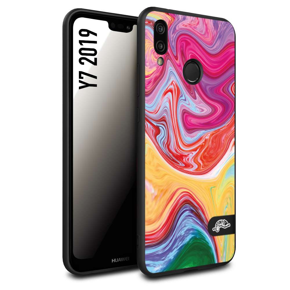 CUSTOMIZZA - Custodia cover nera morbida in tpu compatibile per Huawei Y7 2019 colorata fantasia vortice marmo onde verde fucsia gialla