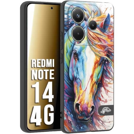 CUSTOMIZZA - Custodia cover nera morbida in tpu compatibile per Xiaomi Redmi Note 14 4G animali color cavallo horse viso colori vibranti disegnato schizzo