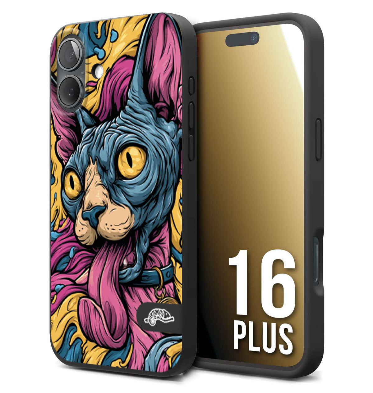 CUSTOMIZZA - Custodia cover nera morbida in tpu compatibile per iPhone 16 PLUS Sphynx Colorato Pop Art Psichedelico Gatto Blu Rosa Giallo Artistica Fantasy