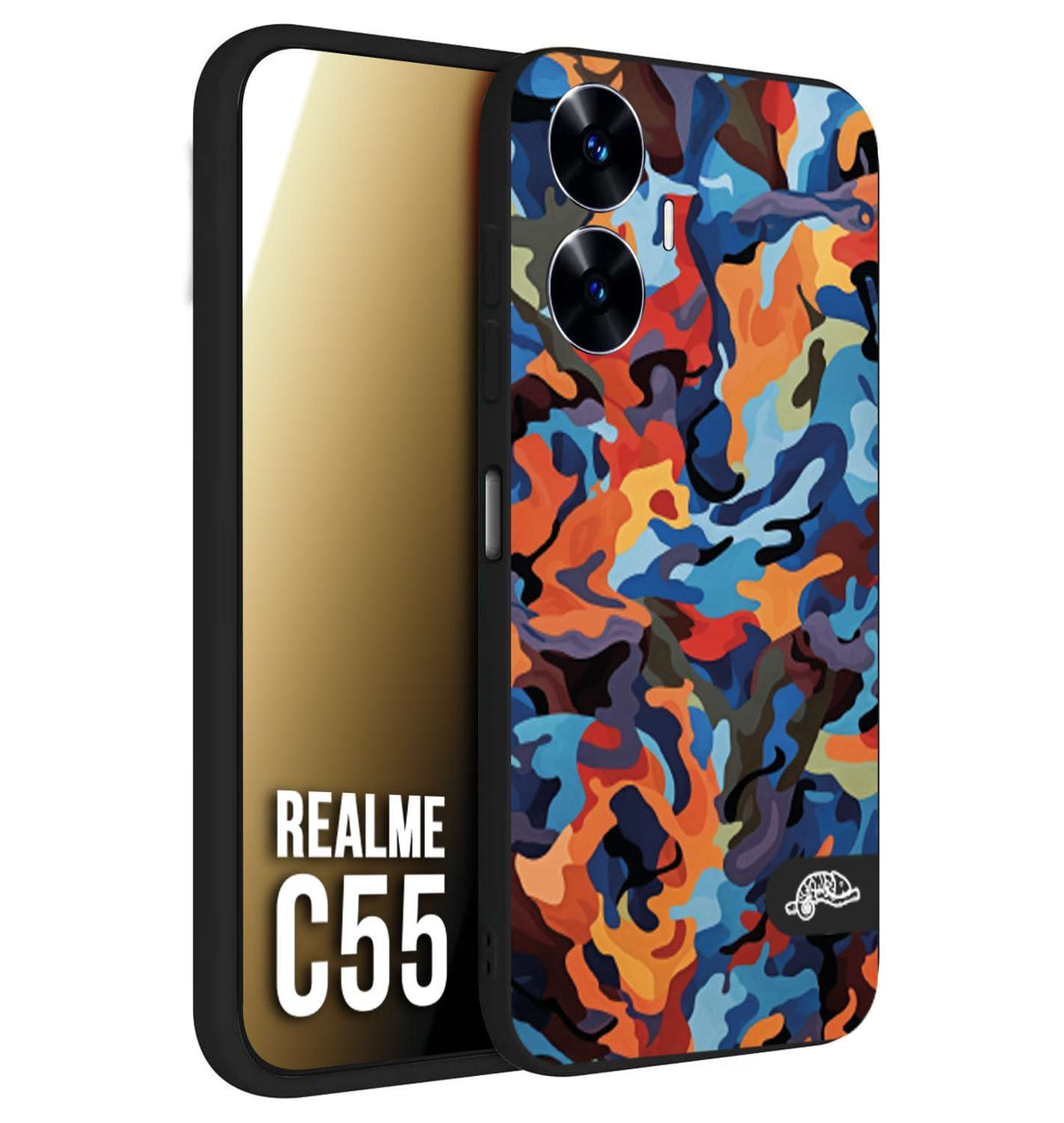 CUSTOMIZZA - Custodia cover nera morbida in tpu compatibile per Realme C55 camouflage mimetico militare moderno blu arancio rosso