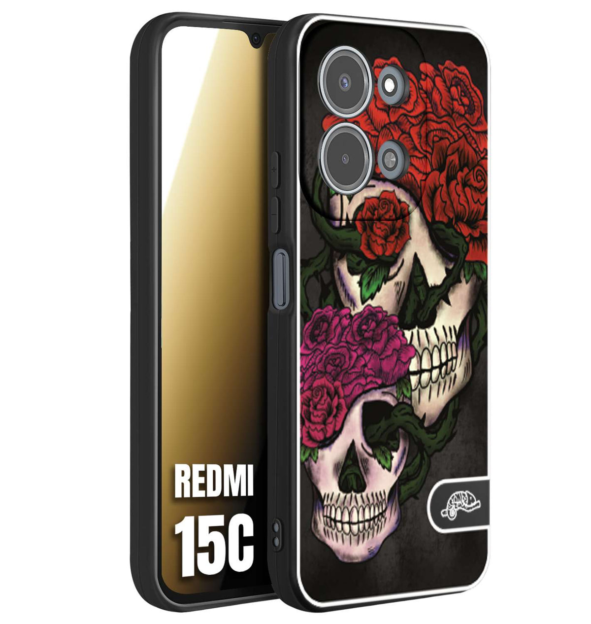 CUSTOMIZZA - Custodia cover nera morbida in tpu compatibile per Xiaomi Redmi 15C teschi e rose rosse fucsia skull and roses