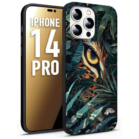 CUSTOMIZZA - Custodia cover nera morbida in tpu compatibile per iPhone 14 PRO animali color giungla tropicale occhio di giaguaro felino disegnato