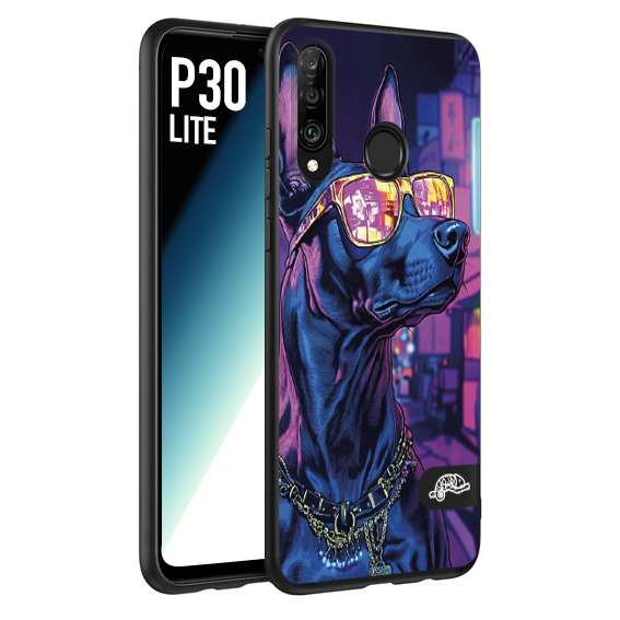 CUSTOMIZZA - Custodia cover nera morbida in tpu compatibile per Huawei P30 LITE animali cyberpunk dobermann cane street dog fucsia blu night