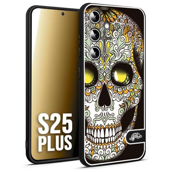 CUSTOMIZZA - Custodia cover nera morbida in tpu compatibile per Samsung S25 PLUS teschio messicano Mexican skull bianco verde giallo