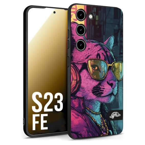 CUSTOMIZZA - Custodia cover nera morbida in tpu compatibile per Samsung S23 FE animali cyberpunk pantera street cat fucsia blu giallo