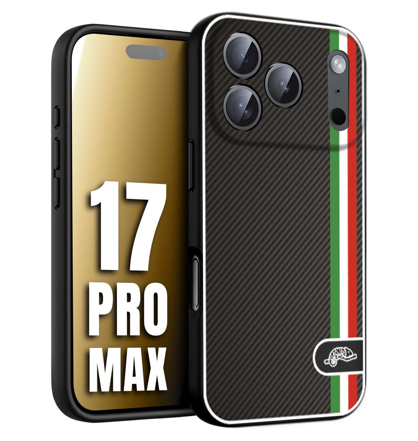 CUSTOMIZZA - Custodia cover nera morbida in tpu compatibile per iPhone 17 PRO MAX effetto fibra di carbonio bandiera Italia made in Italy