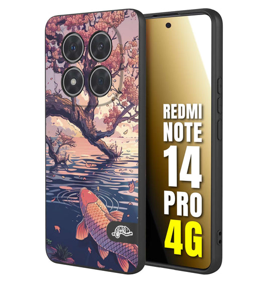CUSTOMIZZA - Custodia cover nera morbida in tpu compatibile per Xiaomi Redmi Note 14 PRO 4G giapponese lago carpa koi rosa con foglie d'acero disegnata tattoo