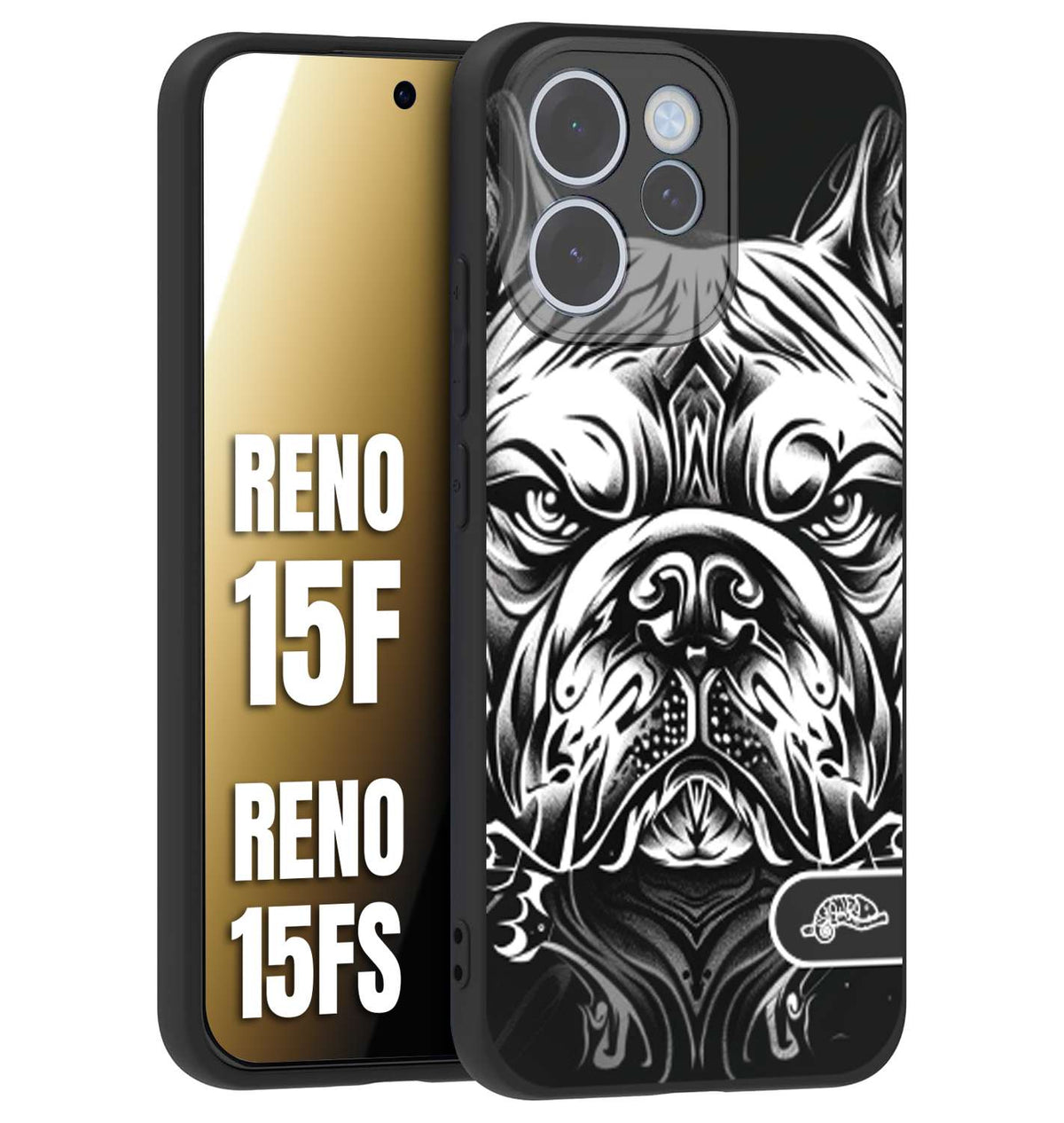 CUSTOMIZZA - Custodia cover nera morbida in tpu compatibile per Oppo Reno 15 F - Reno 15 FS bulldog bianco a rilievo disegnato tattoo tatuaggio