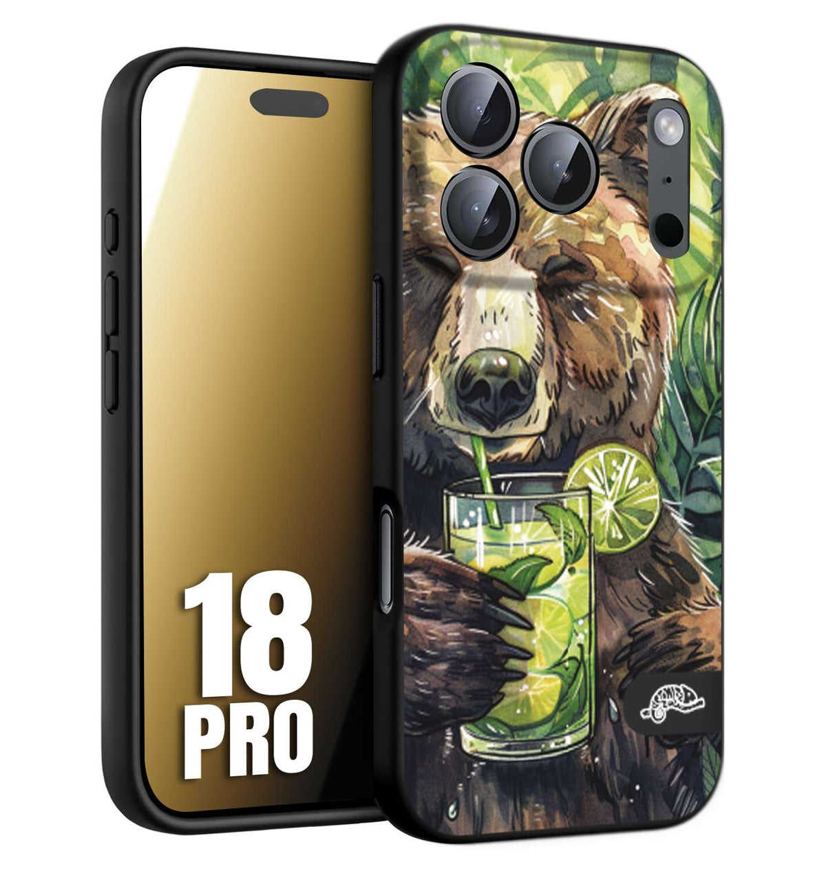 CUSTOMIZZA - Custodia cover nera morbida in tpu compatibile per iPhone 18 PRO fiori estate disegnata cocktails animali simpatici orso bear negroni