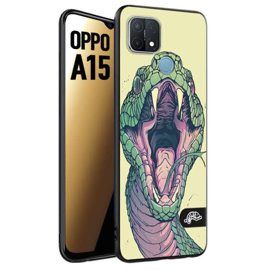 CUSTOMIZZA - Custodia cover nera morbida in tpu compatibile per Oppo A15 snake yellow green serpente tatuaggio tattoo disegnato a mano
