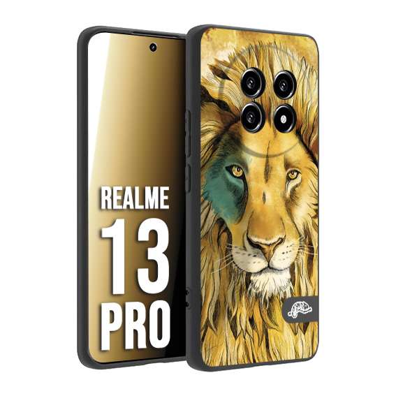 CUSTOMIZZA - Custodia cover nera morbida in tpu compatibile per Realme 13 PRO leone lion disegnato a mano giallo blu a rilievo artistico brown