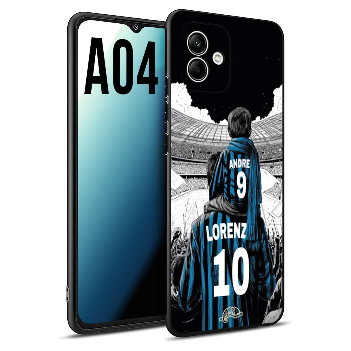 CUSTOMIZZA - Custodia cover nera morbida in tpu compatibile per Samsung A04 personalizzata calcio football padre e figlio calciatori nerazzurra