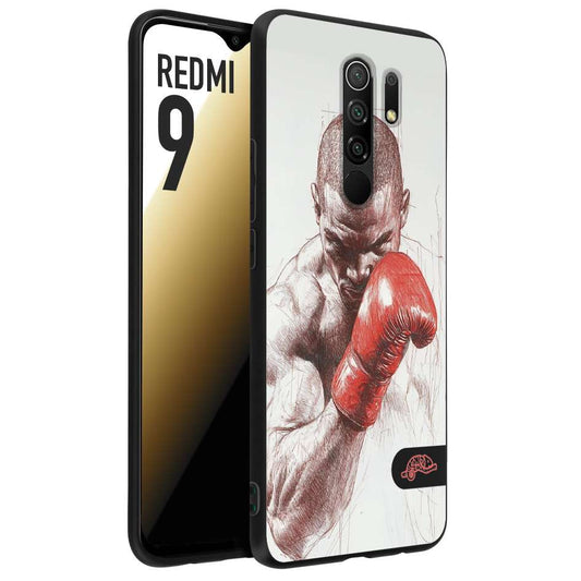 CUSTOMIZZA - Custodia cover nera morbida in tpu compatibile per Xiaomi Redmi 9 pugilato pugili disegno tattoo guantoni box sport primo piano