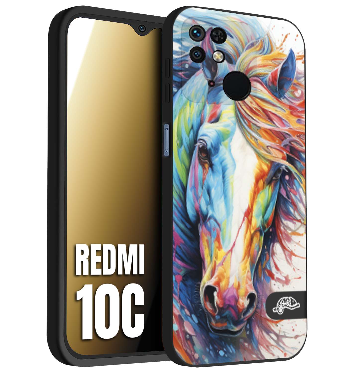 CUSTOMIZZA - Custodia cover nera morbida in tpu compatibile per Xiaomi Redmi 10C animali color cavallo horse viso colori vibranti disegnato schizzo