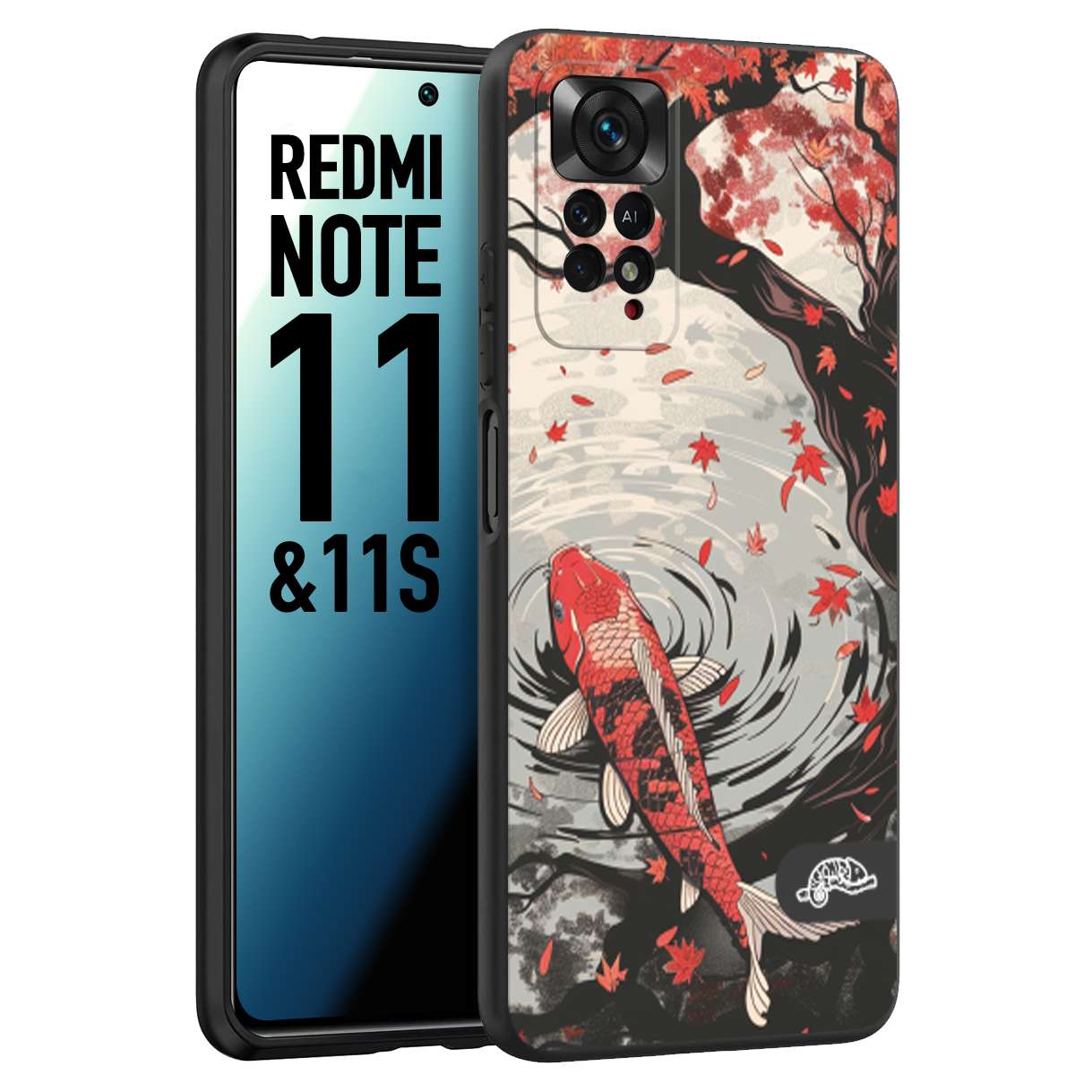 CUSTOMIZZA - Custodia cover nera morbida in tpu compatibile per Xiaomi Redmi Note 11 - Note 11S giapponese lago carpa koi rossa con foglie d'acero rosso disegnata tattoo