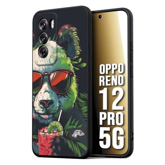 CUSTOMIZZA - Custodia cover nera morbida in tpu compatibile per Oppo Reno 12 PRO 5G estate disegnata cocktails animali simpatici panda mojito