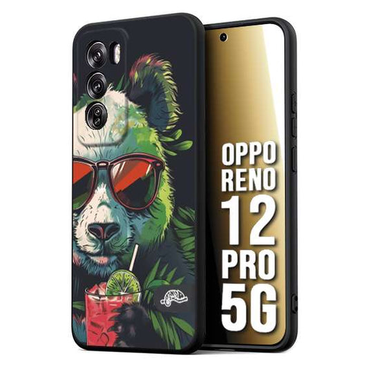 CUSTOMIZZA - Custodia cover nera morbida in tpu compatibile per Oppo Reno 12 PRO 5G estate disegnata cocktails animali simpatici panda mojito