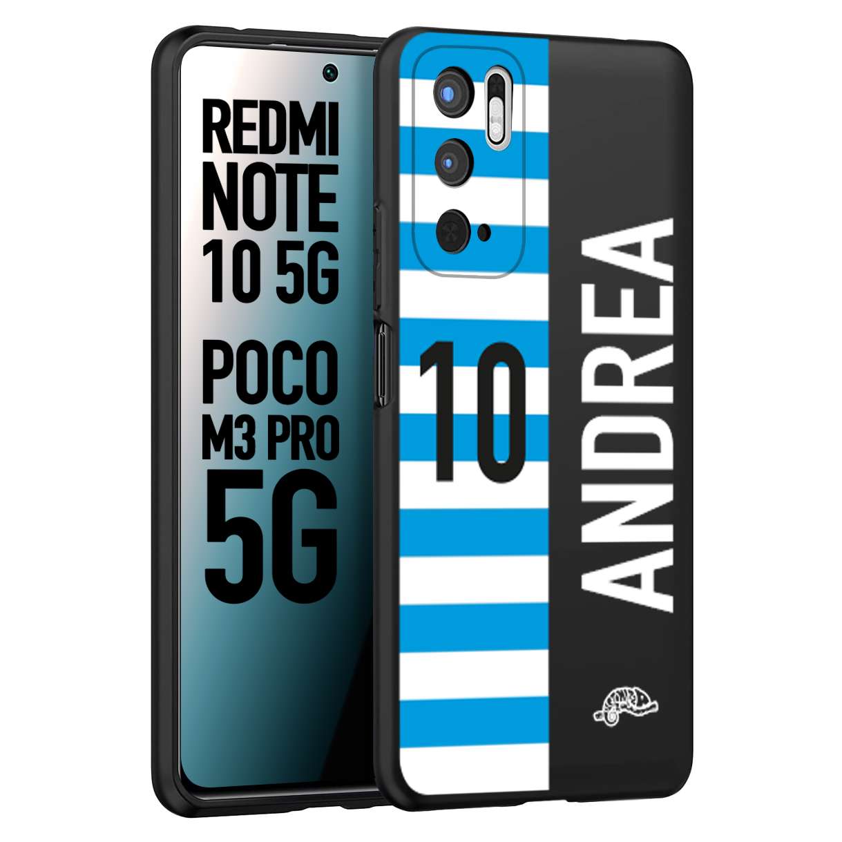 CUSTOMIZZA - Custodia cover nera morbida in tpu compatibile per Xiaomi Redmi Note 10 5G - Poco M3 Pro 5G personalizzata calcio football nome e numero calciatori biancazzurri