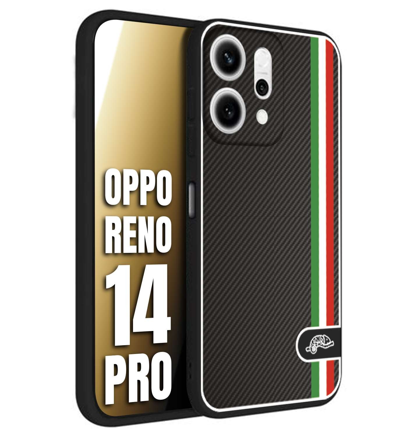 CUSTOMIZZA - Custodia cover nera morbida in tpu compatibile per Oppo Reno 14 PRO effetto fibra di carbonio bandiera Italia made in Italy