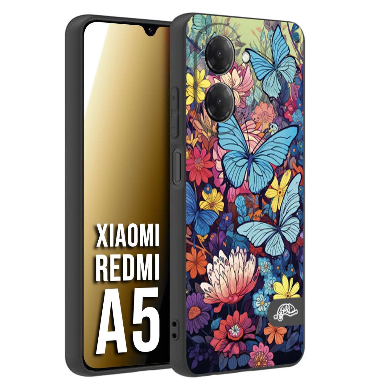 CUSTOMIZZA - Custodia cover nera morbida in tpu compatibile per Xiaomi Redmi A5 farfalle butterfly moderno donna disegnate gialla blu rosa