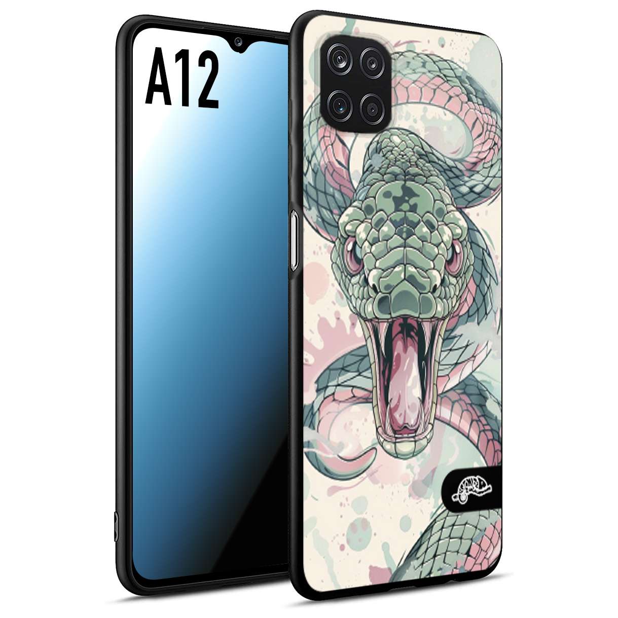 CUSTOMIZZA - Custodia cover nera morbida in tpu compatibile per Samsung A12 snake pink green serpente tatuaggio tattoo disegnato a mano
