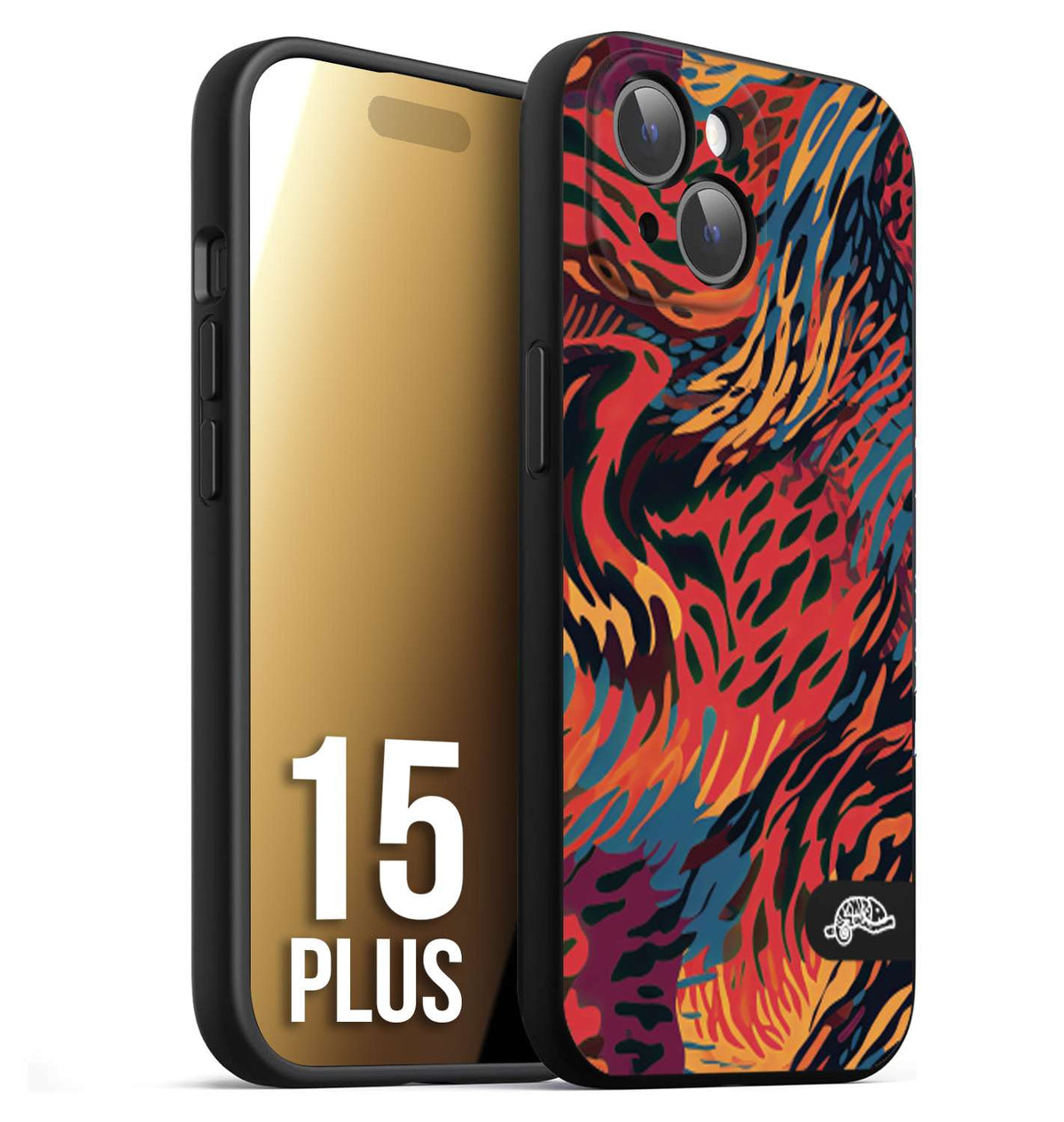 CUSTOMIZZA - Custodia cover nera morbida in tpu compatibile per iPhone 15 PLUS leopardato maculato tigrato colorata fiamme rossa blu arancione