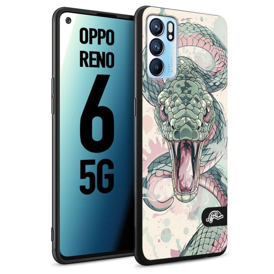 CUSTOMIZZA - Custodia cover nera morbida in tpu compatibile per Oppo Reno 6 5G snake pink green serpente tatuaggio tattoo disegnato a mano