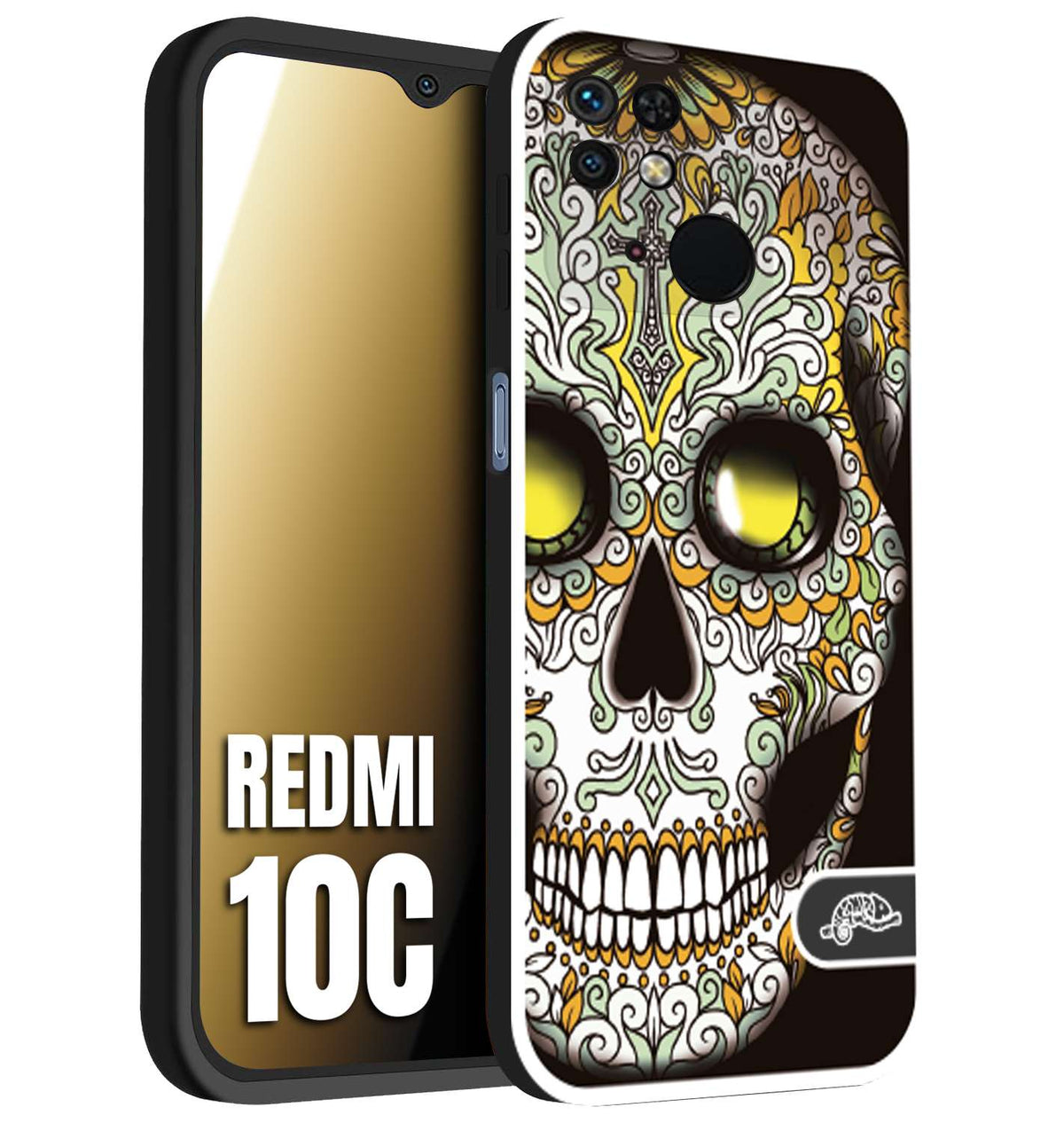 CUSTOMIZZA - Custodia cover nera morbida in tpu compatibile per Xiaomi Redmi 10C teschio messicano Mexican skull bianco verde giallo
