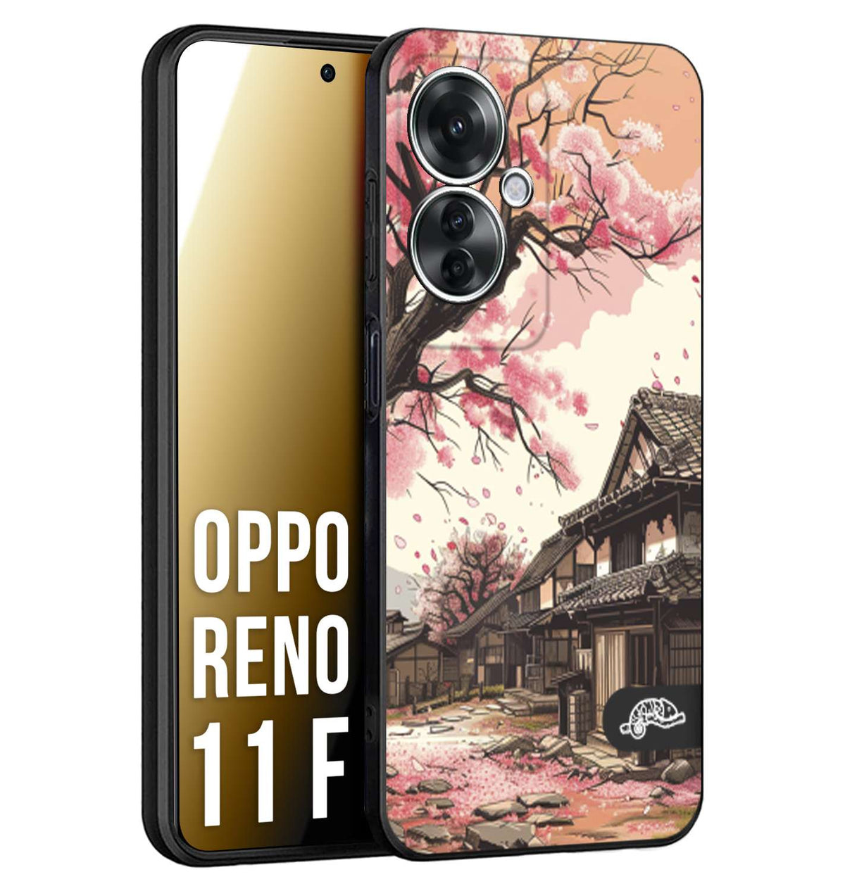 CUSTOMIZZA - Custodia cover nera morbida in tpu compatibile per Oppo Reno 11 F 5G casa giapponese rosa ciliegio in fiore disegnata tattoo