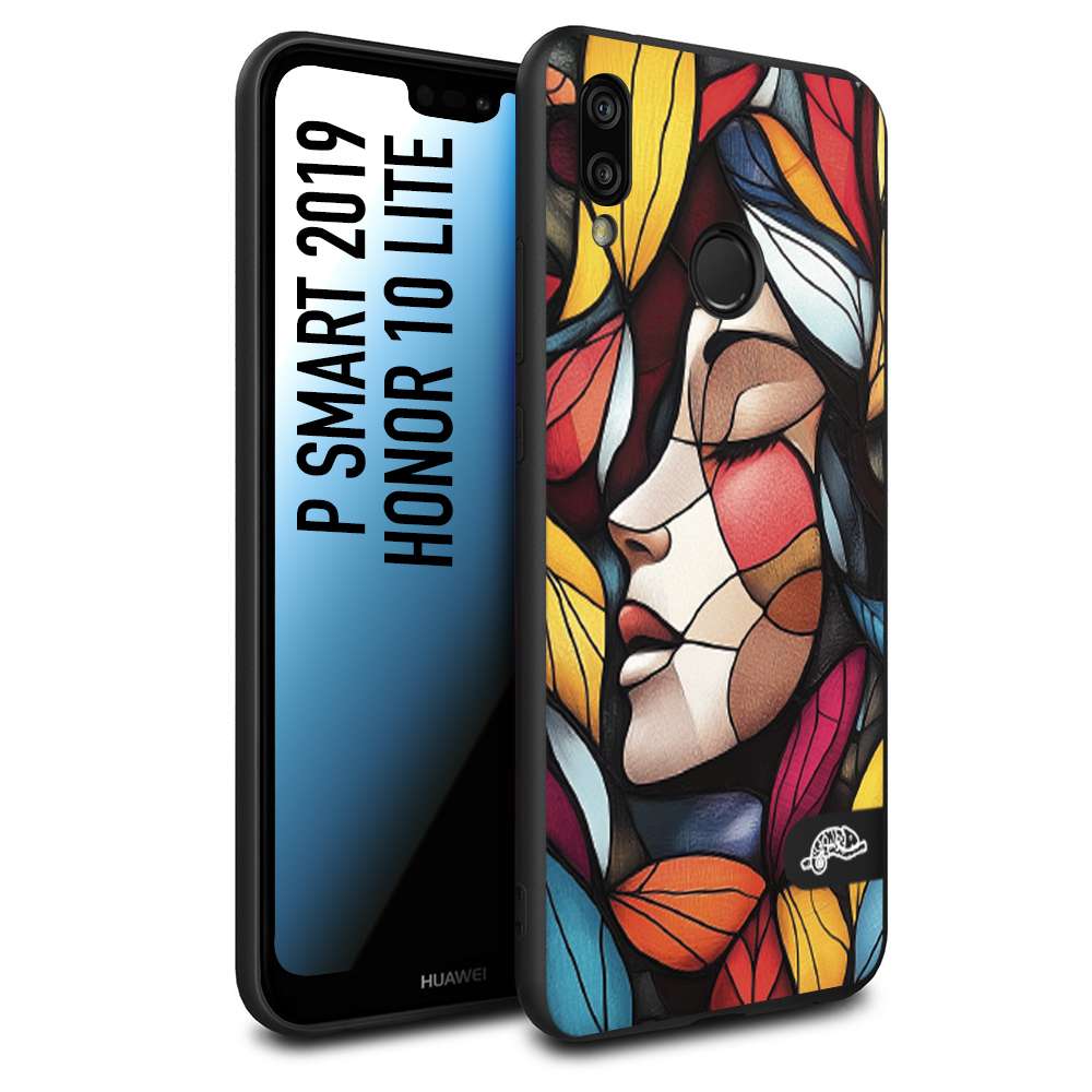 CUSTOMIZZA - Custodia cover nera morbida in tpu compatibile per Huawei P SMART 2019 Vetrata artistica volto di donna profilo fogliare mosaico di vetro colorato